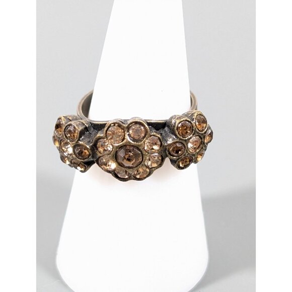 Bronze Tone Brown Rhinestone Flower Open Band Ring Size 7 Boho - Picture 2 of 8